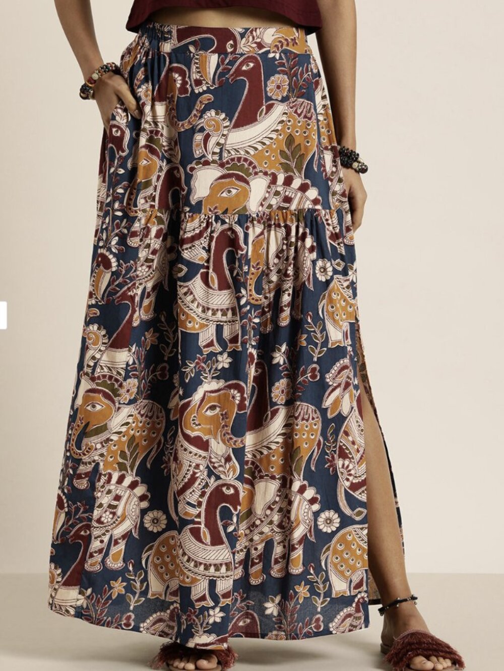 TAAVI Ethnic Print Pure Cotton A-Line Maxi Skirt Navy Blue Kalamkari Elephant